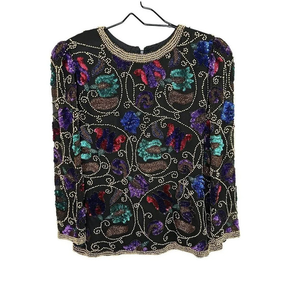 Black Tie by He-Ro Top Blouse Large 100% Silk Floral Colorful Sequin & Beaded - Picture 1 of 14